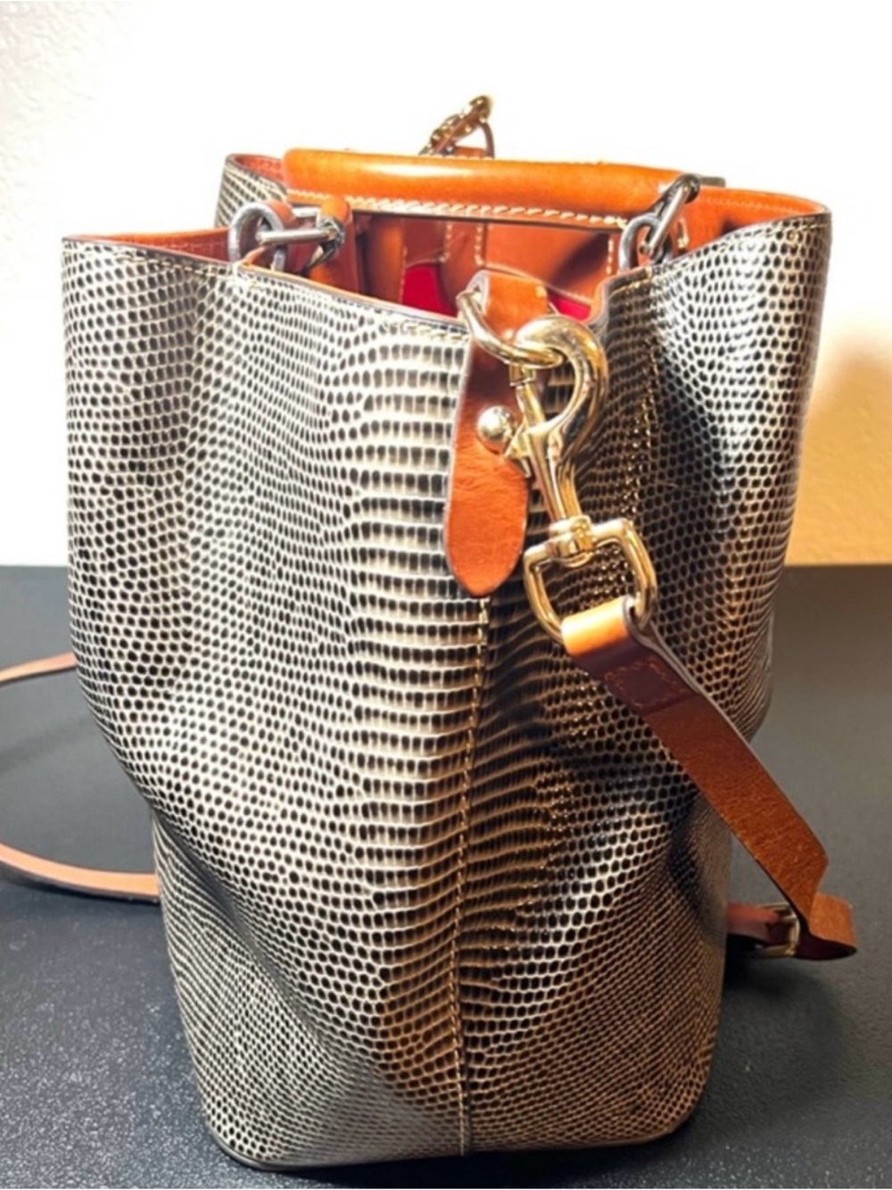 Dooney & Bourke Lizard Embossed Leather Satchel Brown Tan Crossbody - Picture 9 of 14